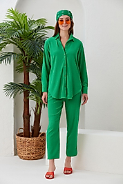 Yeşil Bürümcük Gömlek Pantolon Alt Üst Takım