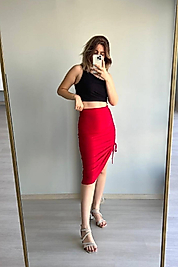 Kırmızı Yanı Büzgülü Sandy Etek