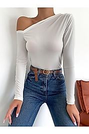 Beyaz Tek Omuz Açık Uzun Kol Sandy Kumaş Bluz