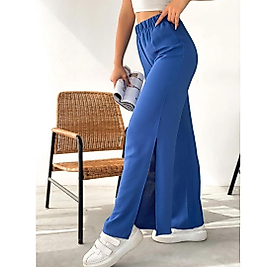 Mavi Renk Beli Lastikli Yanı Yırtmaçlı Palazzo Pantolon