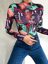 Dijital Desenli Uzun Kollu Crop Bluz yeşilsiyah